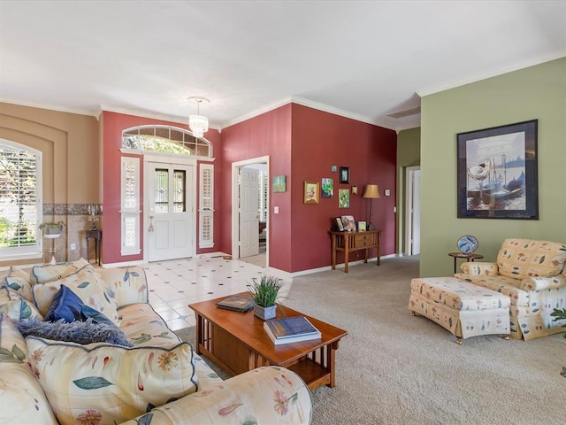 living area featuring baseboards and ornamental molding