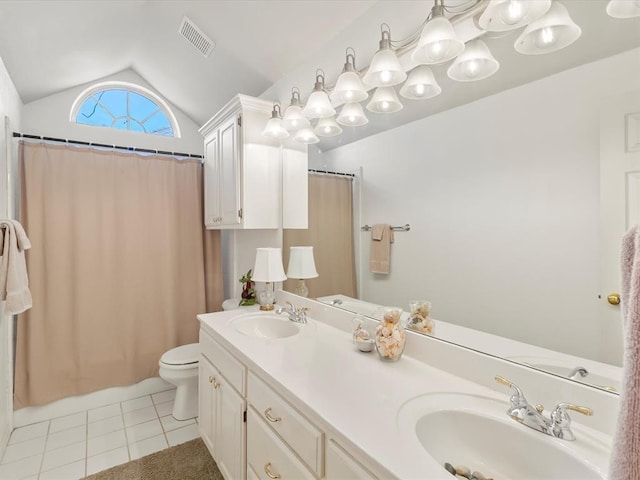 full bath with visible vents, a sink, lofted ceiling, and tile patterned flooring