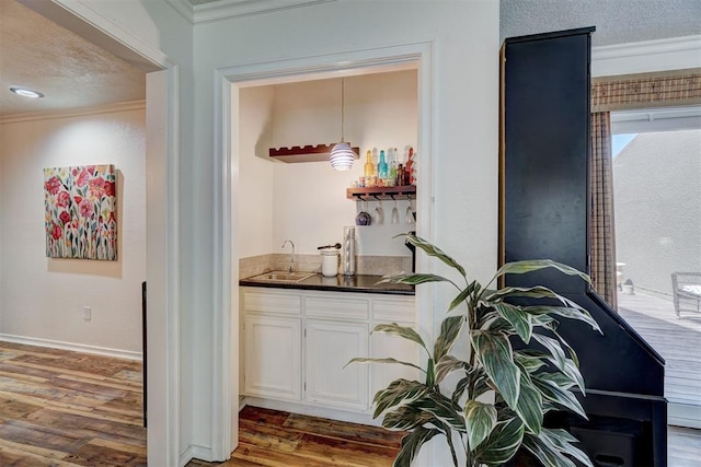 6000 N Pennsylvania Ave Unit 59, Oklahoma City, OK 73112 - bar featuring wood finished floors, a sink, baseboards, indoor wet bar, and ornamental molding