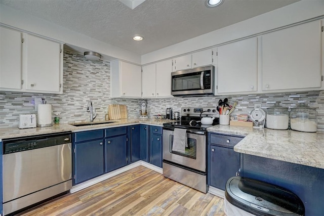 6000 N Pennsylvania Ave Unit 59, Oklahoma City, OK 73112 - kitchen featuring blue cabinets, light wood-type flooring, a sink, white cabinets, and stainless steel appliances