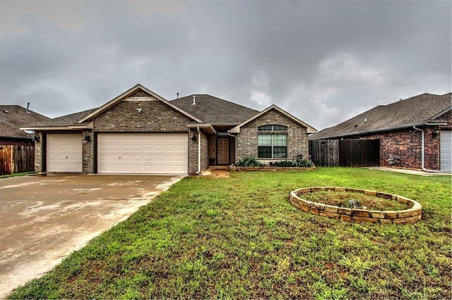 single story home featuring an attached garage, brick siding, and concrete driveway