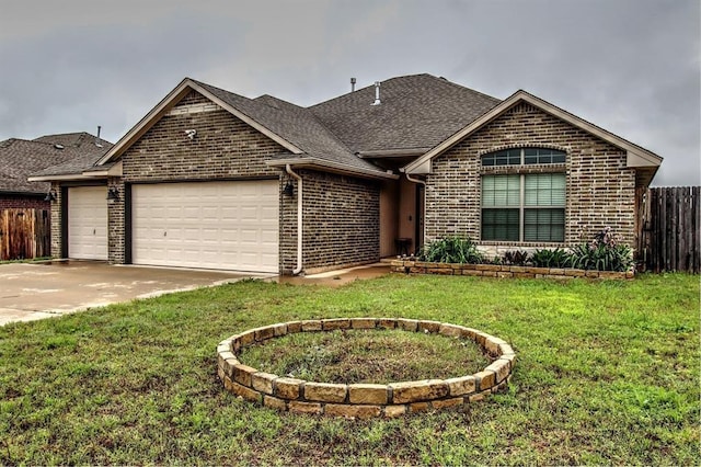 ranch-style home with an attached garage, brick siding, roof with shingles, and driveway