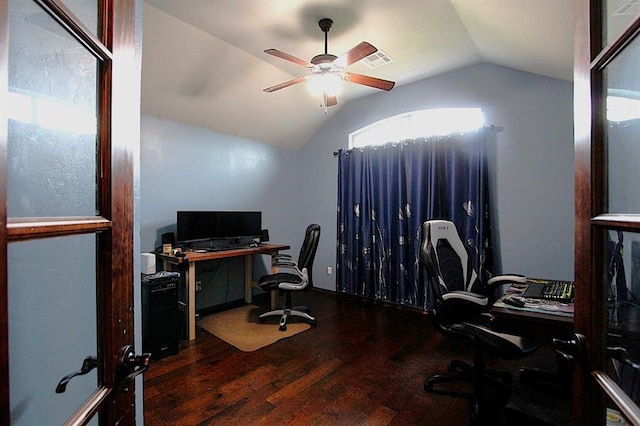 office area with vaulted ceiling, a ceiling fan, and wood finished floors