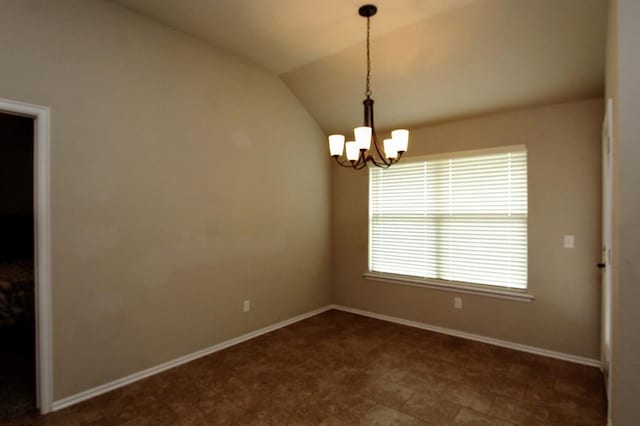 unfurnished room with a chandelier, lofted ceiling, and baseboards