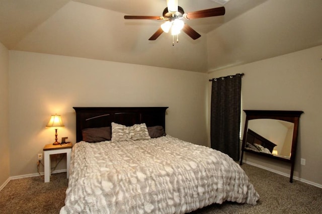 bedroom with vaulted ceiling, carpet, baseboards, and ceiling fan