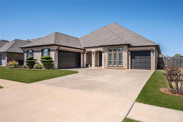8521 NW 124th St, Oklahoma City, OK 73142 - french country inspired facade featuring brick siding, an attached garage, concrete driveway, and a shingled roof
