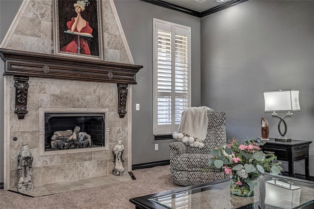 8521 NW 124th St, Oklahoma City, OK 73142 - sitting room with crown molding, a fireplace, and carpet