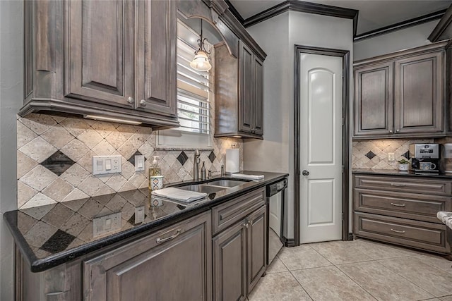 8521 NW 124th St, Oklahoma City, OK 73142 - kitchen with dishwasher, a sink, decorative backsplash, dark brown cabinets, and ornamental molding