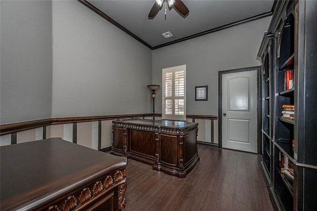 8521 NW 124th St, Oklahoma City, OK 73142 - office space with crown molding, a ceiling fan, and dark wood-style floors