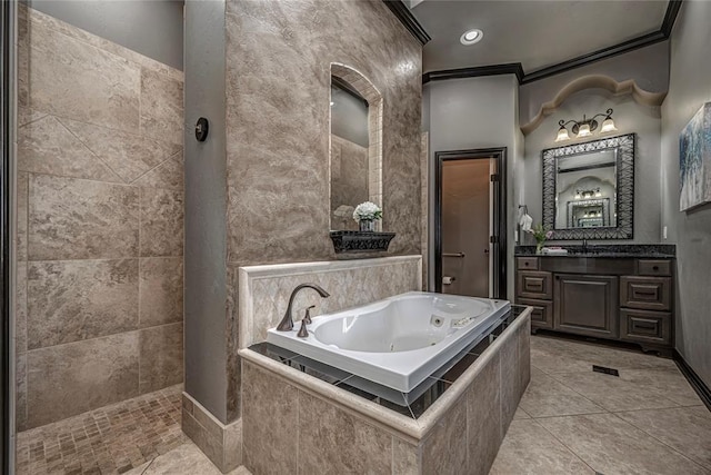 8521 NW 124th St, Oklahoma City, OK 73142 - full bathroom featuring a tub with jets, crown molding, vanity, tile patterned floors, and tiled shower