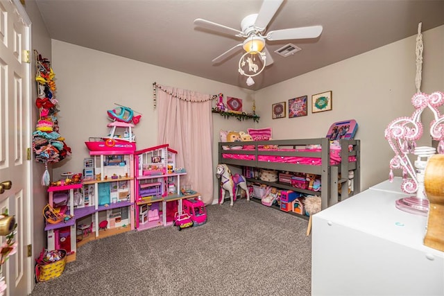 bedroom with a ceiling fan, visible vents, and carpet