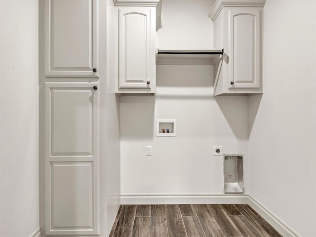 laundry room with washer hookup, laundry area, dark wood finished floors, baseboards, and electric dryer hookup
