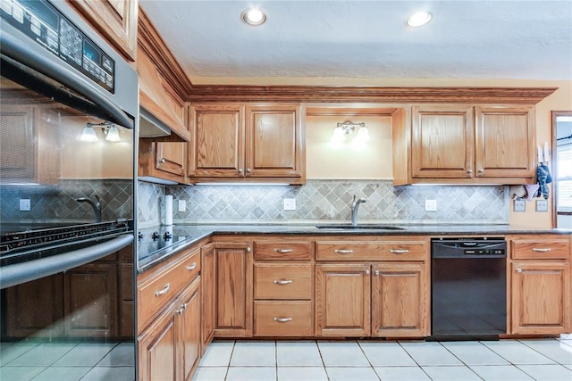kitchen featuring backsplash, light tile patterned floors, a sink, and black appliances