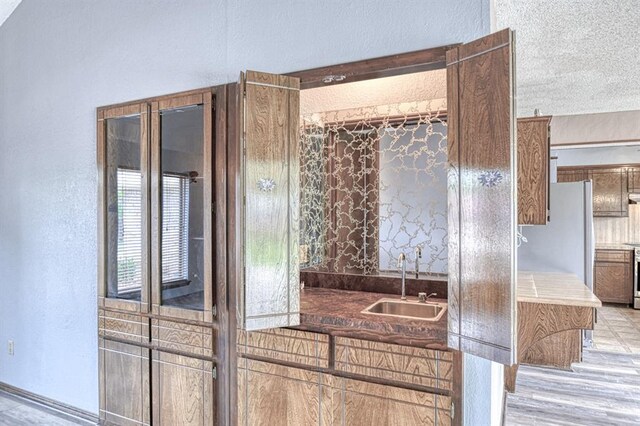 204 Sequoia Park Dr, Yukon, OK 73099 - details featuring a sink, freestanding refrigerator, and a textured wall