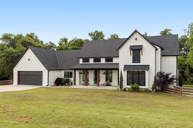 12116 Max Ln, Choctaw, OK 73020 - modern farmhouse featuring roof with shingles, covered porch, a garage, and concrete driveway