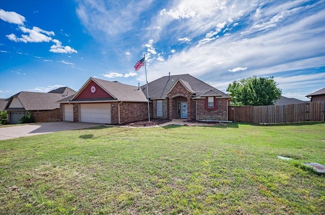 ranch-style house with fence, a front lawn, brick siding, a garage, and driveway