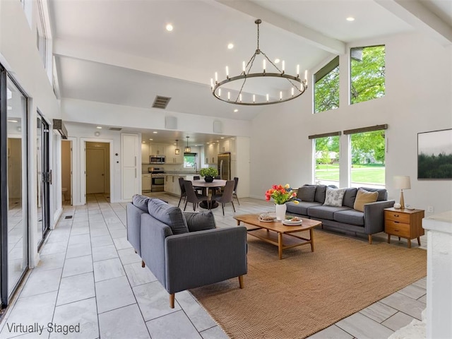 3233 Hickory Stick Rd, Oklahoma City, OK 73120 - living area with beam ceiling, high vaulted ceiling, a chandelier, healthy amount of natural light, and light tile patterned flooring