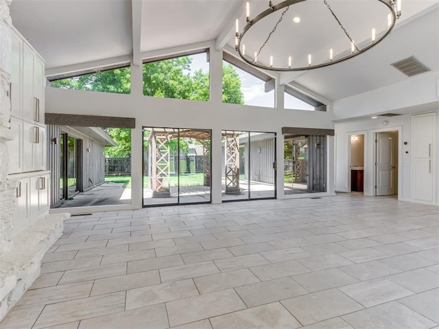 3233 Hickory Stick Rd, Oklahoma City, OK 73120 - unfurnished living room featuring high vaulted ceiling, beamed ceiling, and a chandelier