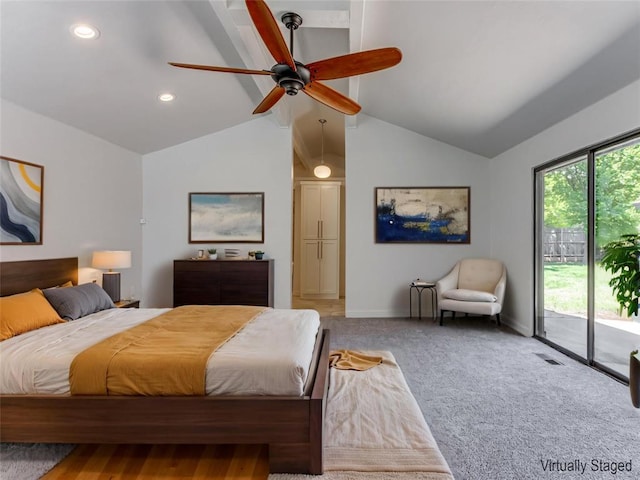 3233 Hickory Stick Rd, Oklahoma City, OK 73120 - bedroom featuring access to outside, vaulted ceiling, carpet flooring, a ceiling fan, and recessed lighting