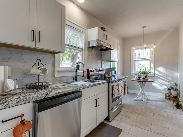 2247 NW 35th St, Oklahoma City, OK 73112 - kitchen featuring a sink, appliances with stainless steel finishes, white cabinets, and under cabinet range hood