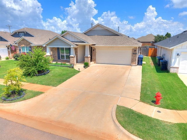 12929 NW 4th St, Yukon, OK 73099 - view of front of property with brick siding, an attached garage, concrete driveway, a shingled roof, and board and batten siding