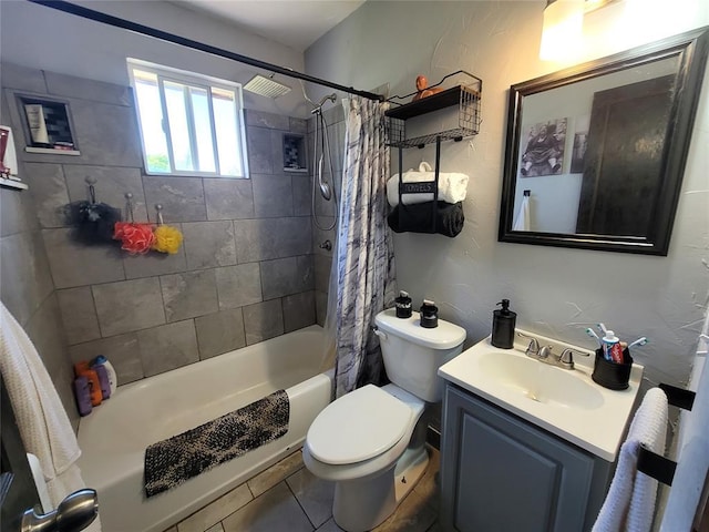 full bathroom featuring visible vents, shower / tub combo, vanity, tile patterned floors, and toilet