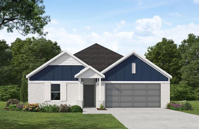 modern farmhouse style home with roof with shingles, a front lawn, a garage, board and batten siding, and driveway