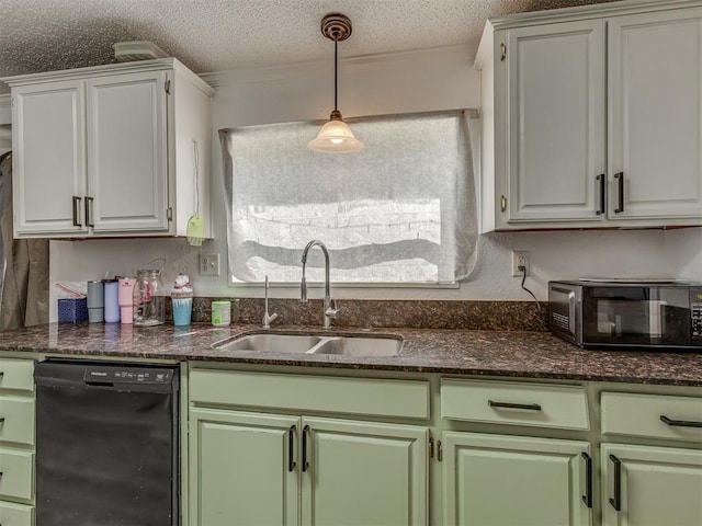 kitchen with green cabinetry, a sink, a textured ceiling, pendant lighting, and black appliances