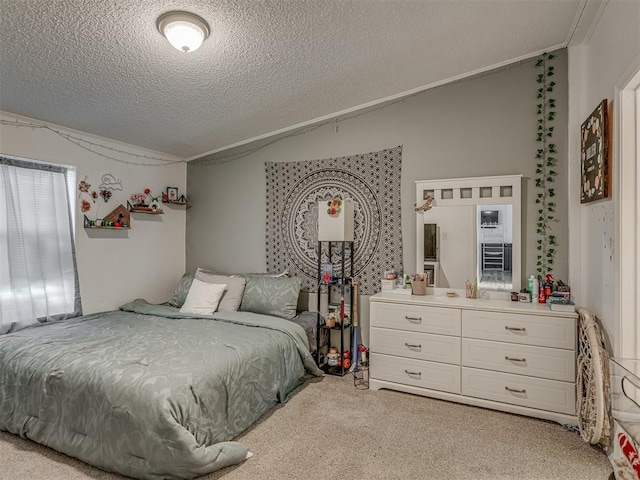 carpeted bedroom featuring a textured ceiling and lofted ceiling