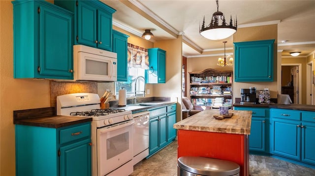 kitchen featuring ornamental molding, white appliances, butcher block countertops, a sink, and a notable chandelier