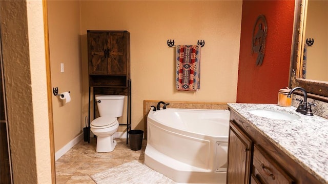 full bath with toilet, a garden tub, and vanity
