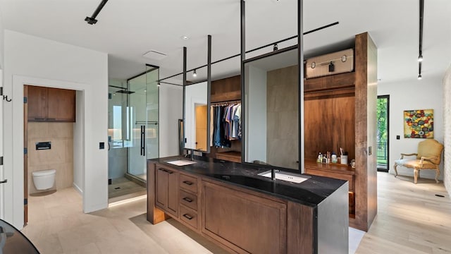 bathroom featuring a stall shower, toilet, double vanity, and rail lighting