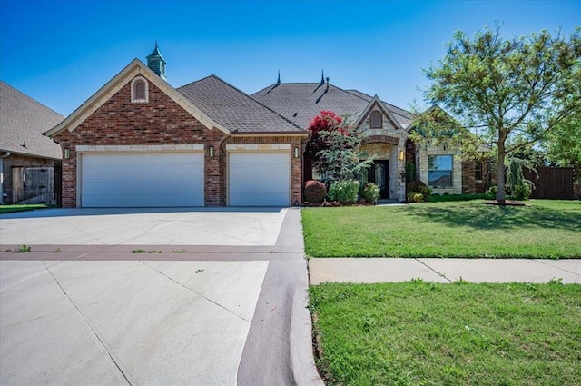 view of front facade with brick siding, a garage, driveway, and a front lawn