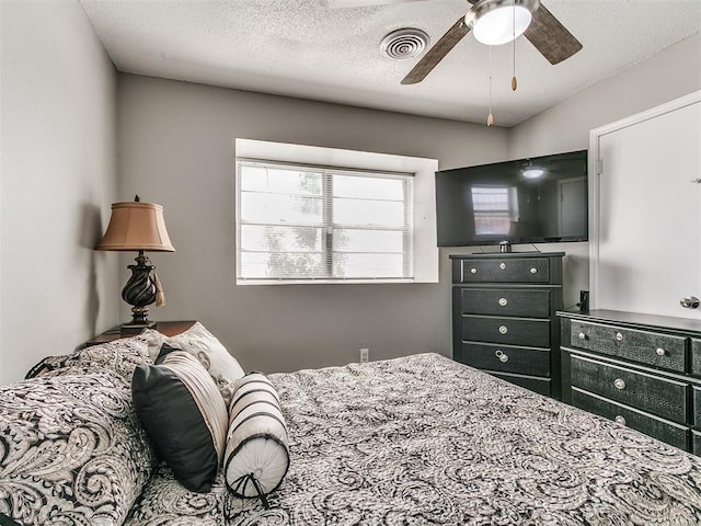 5416 S Independence Ave, Oklahoma City, OK 73119 - bedroom featuring a ceiling fan, a textured ceiling, and visible vents