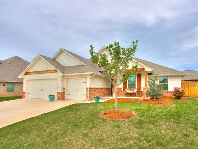 craftsman inspired home featuring a garage, driveway, brick siding, a porch, and roof with shingles