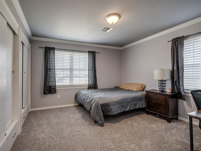 2013 N Draper Ave, Choctaw, OK 73020 - carpeted bedroom with visible vents, ornamental molding, and multiple windows