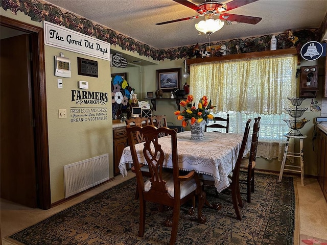 16296 N County Road 3264th Rd, Pauls Valley, OK 73075 - dining space with carpet flooring, a ceiling fan, a textured ceiling, and visible vents
