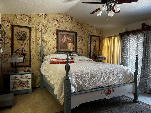 16296 N County Road 3264th Rd, Pauls Valley, OK 73075 - carpeted bedroom featuring ceiling fan, wallpapered walls, and lofted ceiling