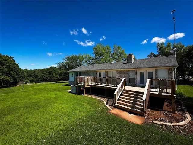 16296 N County Road 3264th Rd, Pauls Valley, OK 73075 - rear view of property with a chimney, a yard, a deck, and stairway