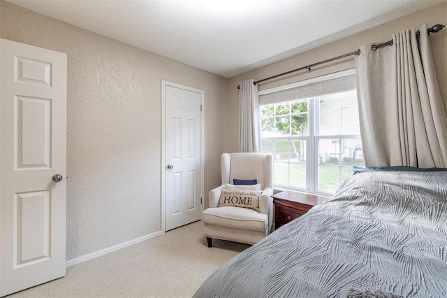 carpeted bedroom featuring baseboards and a textured wall
