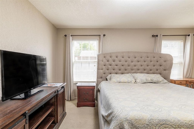 bedroom with a textured ceiling and light colored carpet