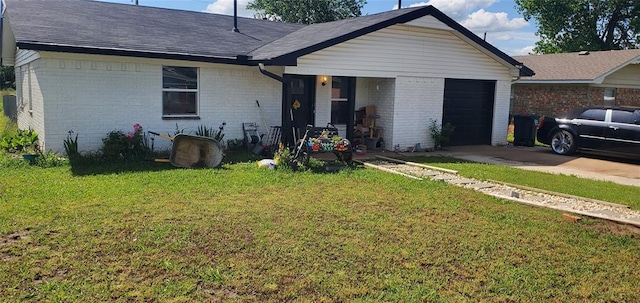 single story home featuring brick siding, concrete driveway, a garage, a front yard, and a shingled roof