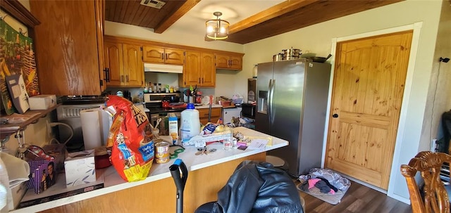 kitchen featuring brown cabinets, stainless steel fridge with ice dispenser, beamed ceiling, under cabinet range hood, and dark wood-style floors