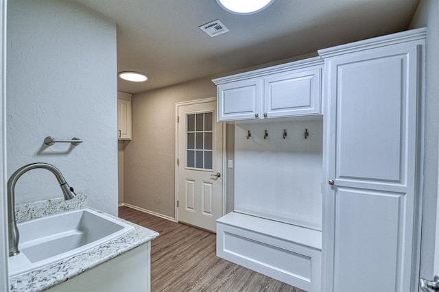 34701 E County Road 1610, Pauls Valley, OK 73075 - mudroom featuring a sink, baseboards, visible vents, and light wood-style floors