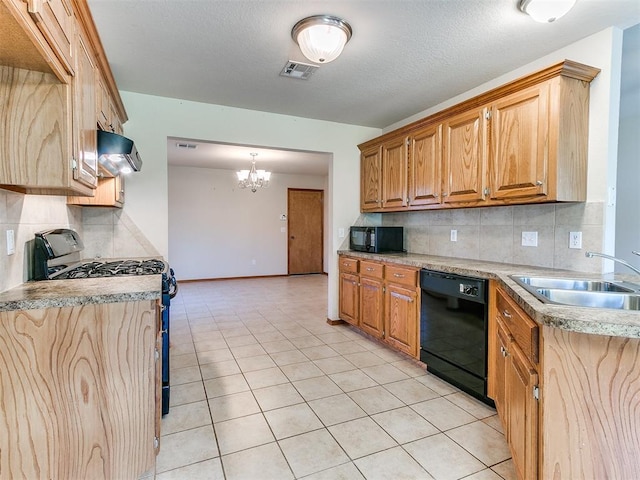 8233 Greer Way, Oklahoma City, OK 73132 - kitchen featuring black appliances, a sink, a chandelier, tasteful backsplash, and light tile patterned flooring