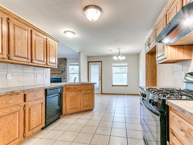 8233 Greer Way, Oklahoma City, OK 73132 - kitchen featuring black appliances, exhaust hood, decorative backsplash, a chandelier, and healthy amount of natural light
