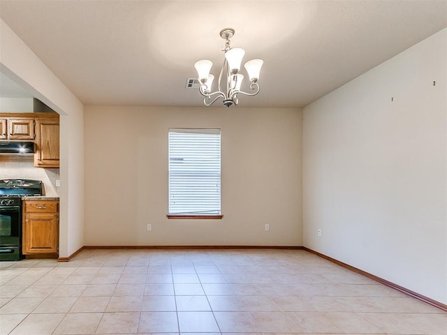 8233 Greer Way, Oklahoma City, OK 73132 - unfurnished dining area featuring a chandelier, baseboards, and light tile patterned floors