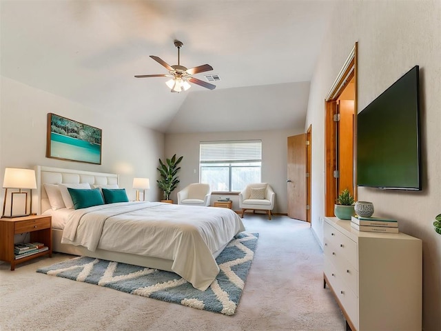 8233 Greer Way, Oklahoma City, OK 73132 - bedroom with light colored carpet, lofted ceiling, and a ceiling fan