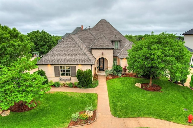 french provincial home with a front yard, brick siding, roof with shingles, and stone siding