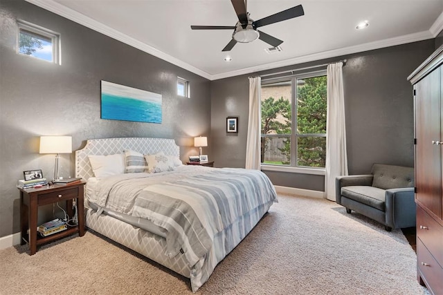 bedroom with visible vents, recessed lighting, crown molding, carpet floors, and baseboards